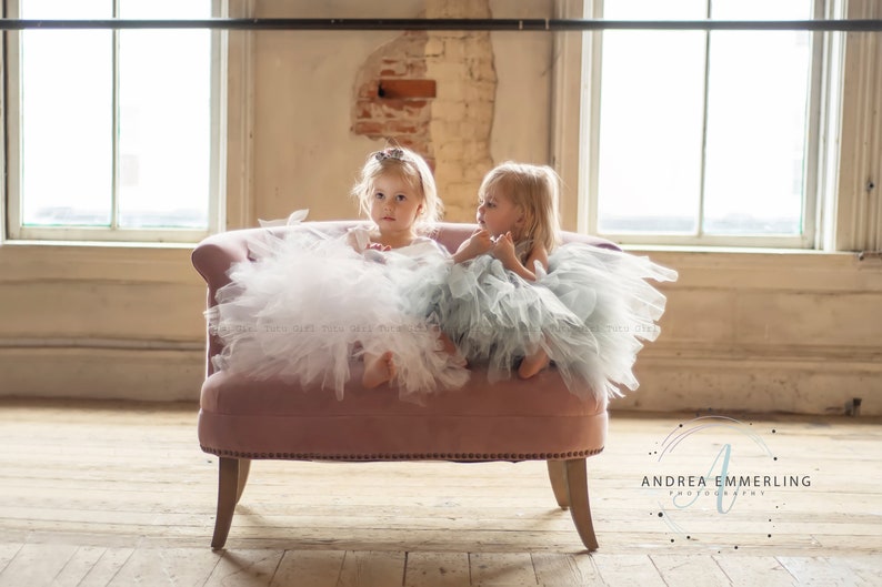 Peut inclure: Deux jeunes filles portant des tutus en tulle sont assises sur un banc en velours rose. La fille &agrave; gauche porte un tutu blanc et la fille &agrave; droite porte un tutu bleu clair.