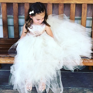 Sequin Flower Girl Dress, Champagne Sequins Glitter Dress with Bridal White Tulle Skirt, Tutu Dress for Flower Girls