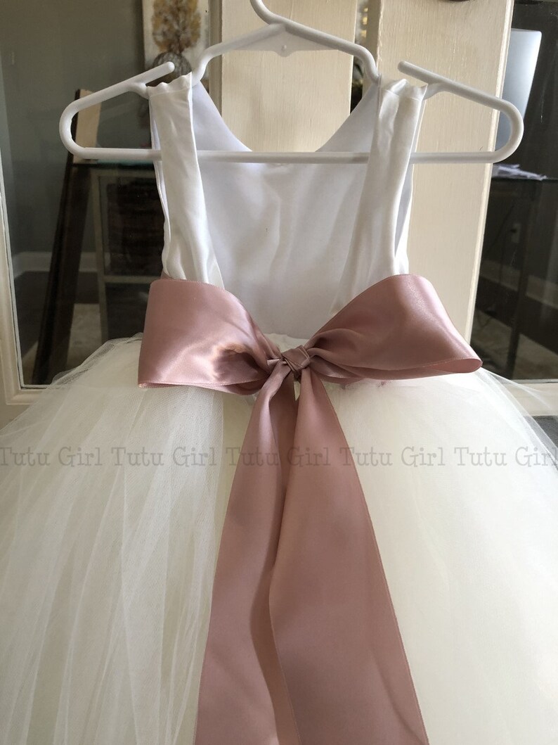 Bridal White Flower Girl Dress with Antique Mauve Sash, Mauve Flower Girl Dress , Off White and Rose Pink Birthday Tutu Dress All Sizes. image 5