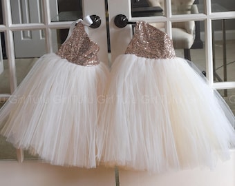 Tutu Flower Girl Dresses Bridal White and Champagne Tulle with Rose Gold and Champagne Dress for Kids Flower Girl Wedding Dress