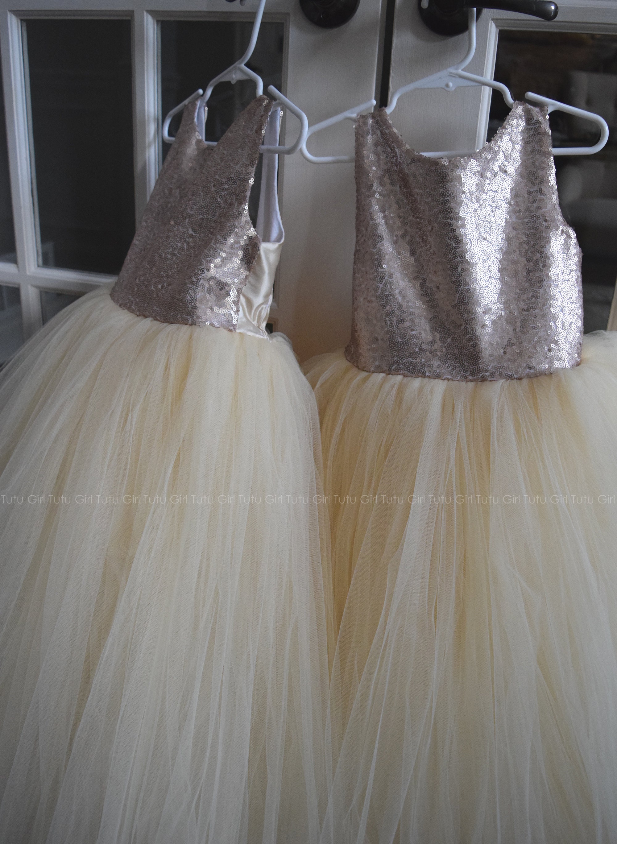 Tulle Flowergirl Dress with Floral Belt - Champagne