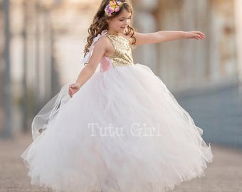 Flower Girl Dress Gold Tulle Tutu Dress, Pale Blush Tulle with Gold Sequins