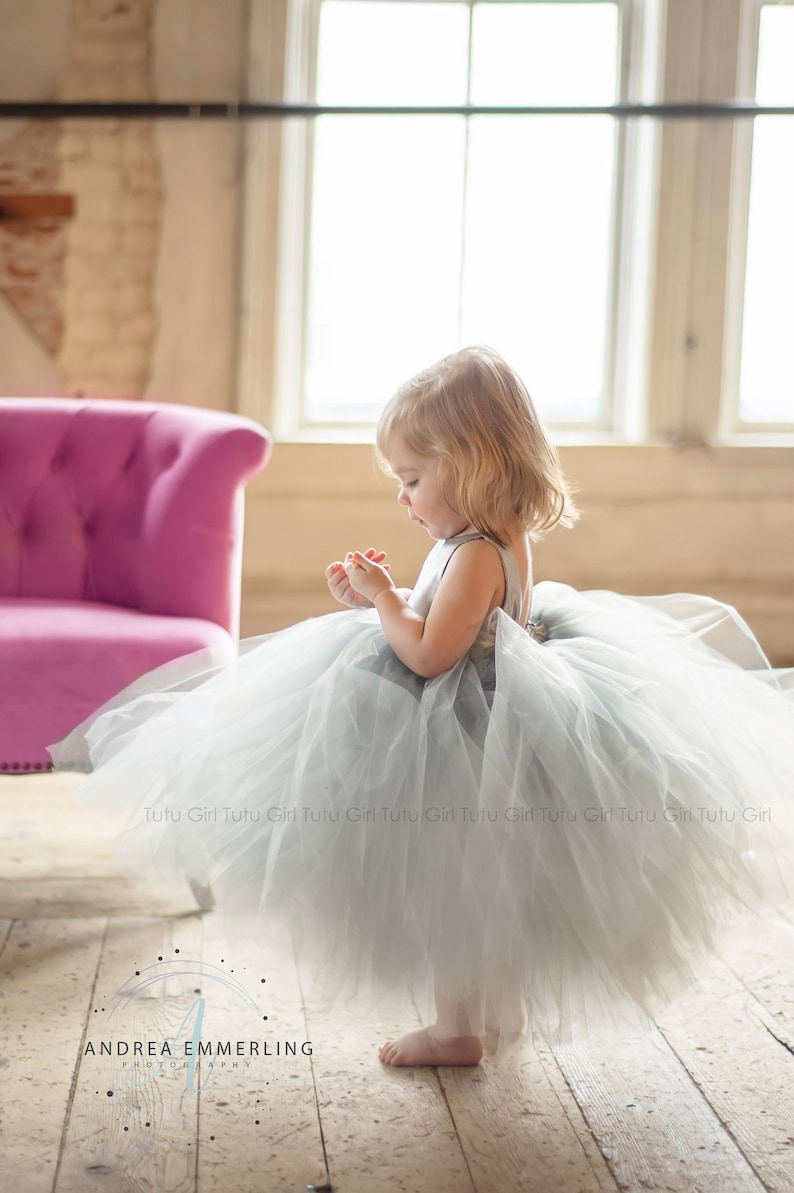 Peut inclure: Une jeune fille portant une jupe tutu en tulle bleu clair. La jupe est tr&egrave;s ample et moelleuse. La fille est debout sur un sol en bois avec un fauteuil rose en arri&egrave;re-plan.