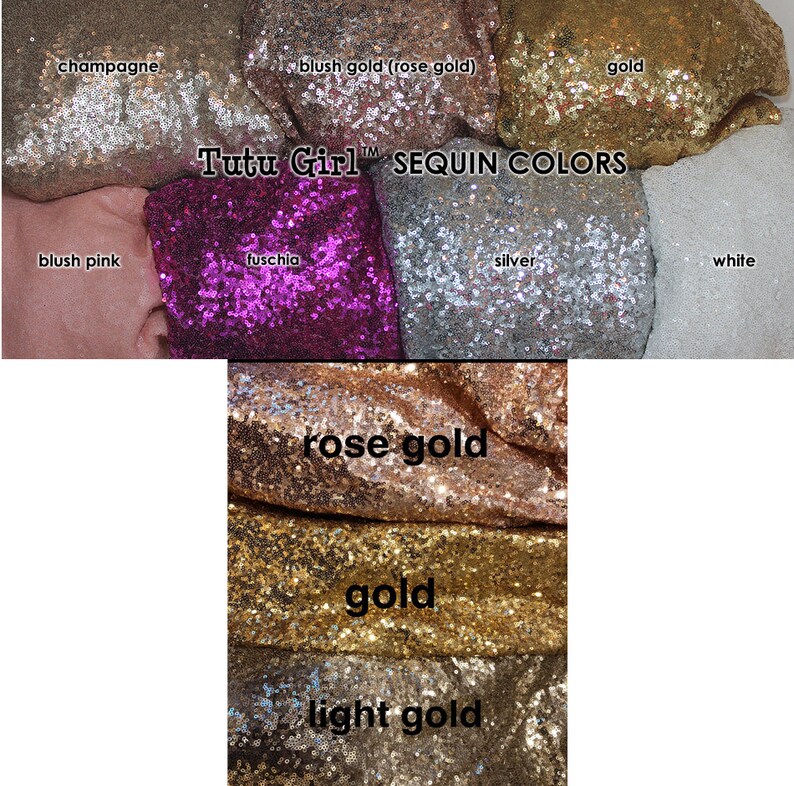 May include: A variety of sequin fabric swatches in colors including champagne, blush gold, gold, fuchsia, blush pink, silver, white, rose gold, and light gold. The text "Tutu Girl SEQUIN COLORS" is displayed on the image.