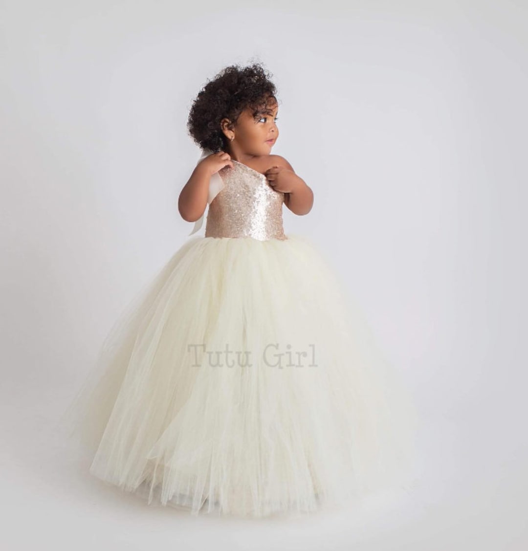 Champagne Gold Flower Girl Dress, Tulle Flower Girl Dresses, Tutu Toddler  Sequin One Shoulder Ball Gown With Bridal White Skirt - One Strap - Etsy