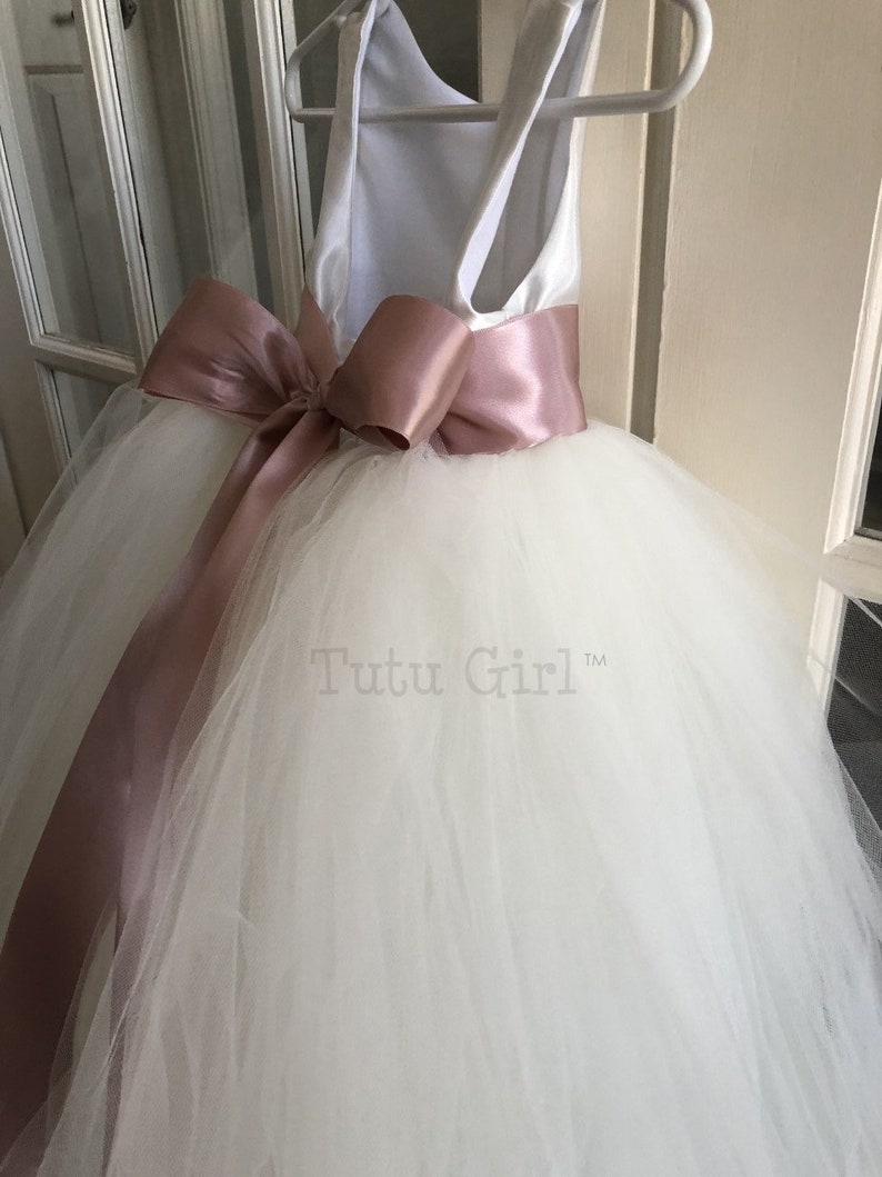 Bridal White Flower Girl Dress with Antique Mauve Sash, Mauve Flower Girl Dress , Off White and Rose Pink Birthday Tutu Dress All Sizes. image 3