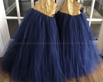 Navy Blue Flower Girl Dress, Gold and Navy Flower Girl Dress, Tulle Flower Girl Tutu Dress with Gold Sequins - One Strap Style