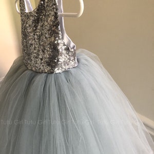 Silver Flower Girl Dress, Sequin Flower Girl Dress, Gray Tutu Dress for Girls, Grey Toddler Tutu Dress, Tulle Birthday Dress Long image 2