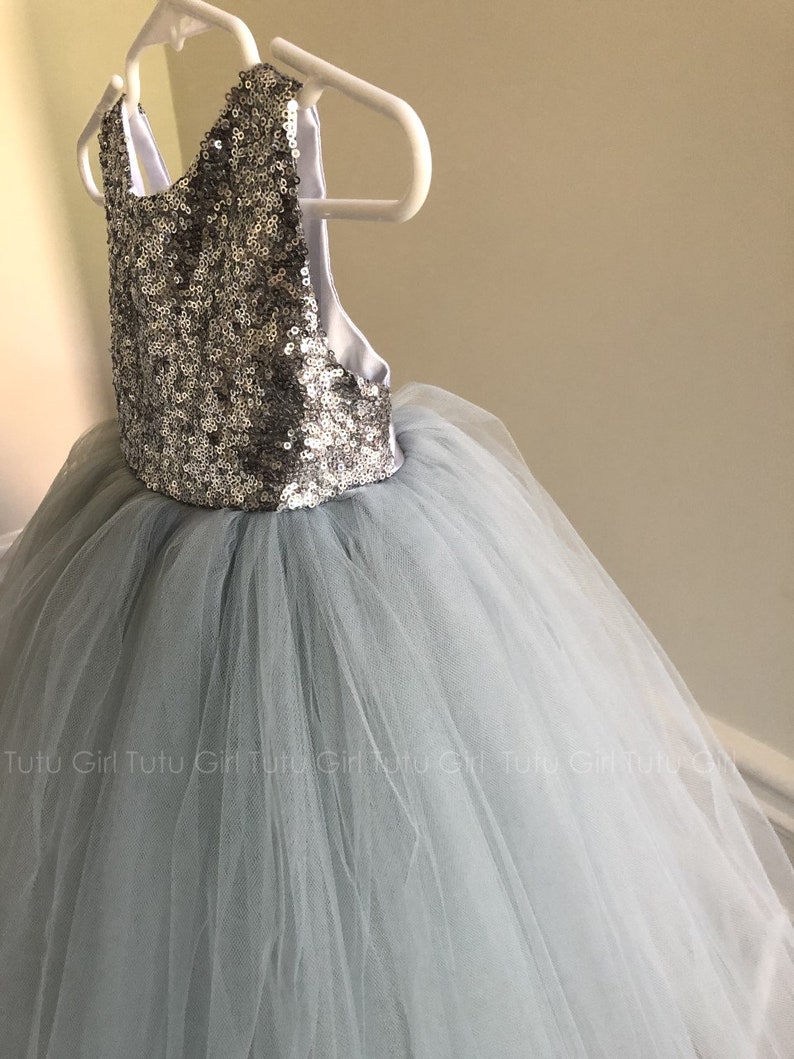 Silver Flower Girl Dress, Sequin Flower Girl Dress, Gray Tutu Dress for Girls, Grey Toddler Tutu Dress, Tulle Birthday Dress Long image 2