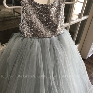 Silver Flower Girl Dress, Sequin Flower Girl Dress, Gray Tutu Dress for Girls, Grey Toddler Tutu Dress, Tulle Birthday Dress Long image 4