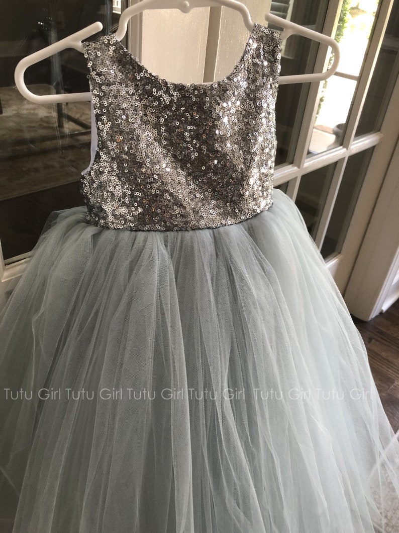 Silver Flower Girl Dress, Sequin Flower Girl Dress, Gray Tutu Dress for Girls, Grey Toddler Tutu Dress, Tulle Birthday Dress Long image 4