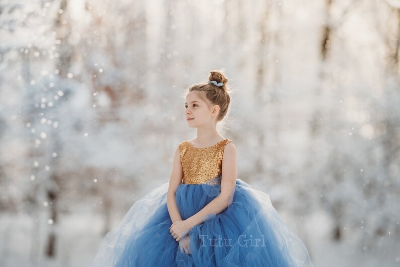 Abito da ragazza di fiori blu, abito tutu pervinca e oro, abito da ragazza di fiori in tulle, paillettes oro e gonna tutu dimensioni e colori personalizzati immagine 5