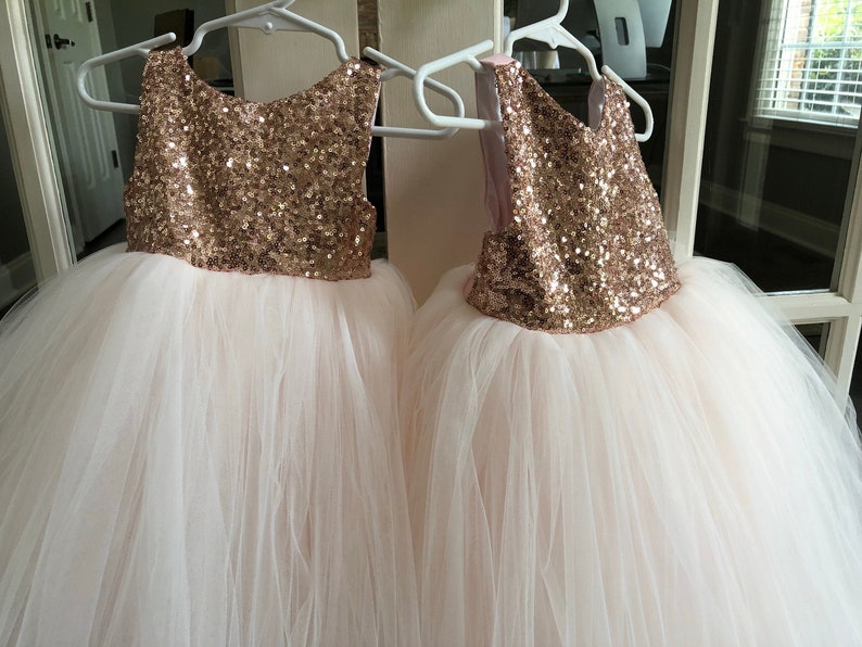 Rose Gold Sequin Tutu Dress, Sleeveless Tutu Dress, Rose Gold Tulle Dress, Rose Gold Pink Flower Girl Tutu Dress Pale Blsh/Ballet Pnk