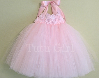 Licht roze tule jurk, baby roze Tutu jurk, bleke roze bloemenmeisje jurk