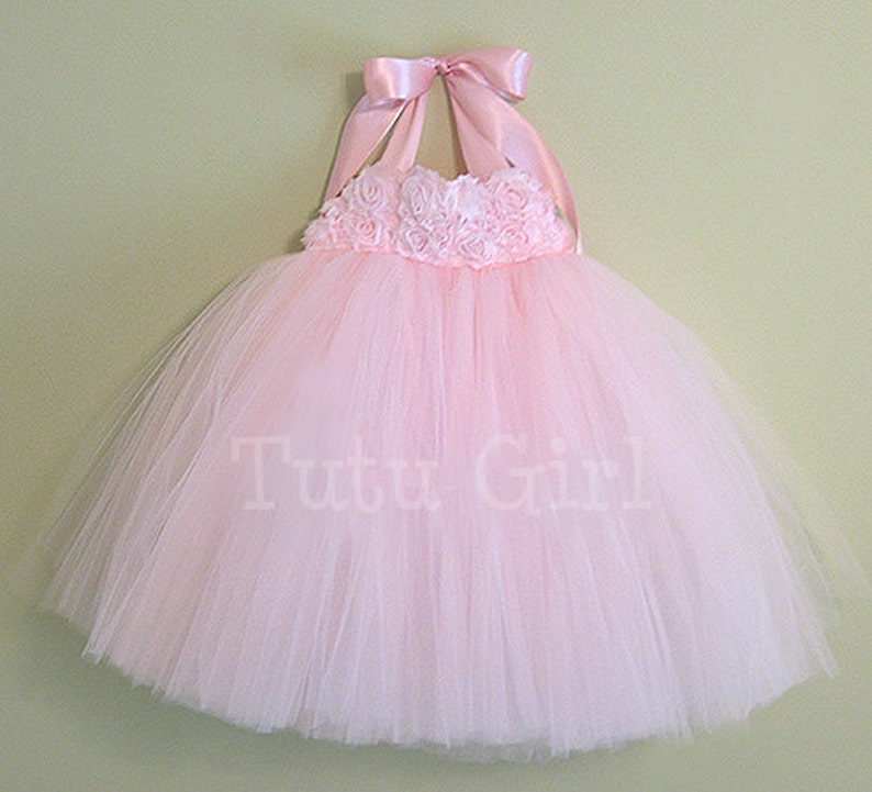 Pu&ograve; includere: Un abito tutu di tulle rosa con un top halter in nastro di raso rosa e un ricamo di fiori intorno al corpetto. L'abito ha il testo "Tutu Girl" stampato sulla gonna.