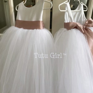 Bridal White Flower Girl Dress with Antique Mauve Sash, Mauve Flower Girl Dress , Off White and Rose Pink Birthday Tutu Dress All Sizes. White Dress