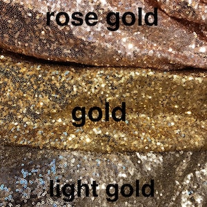 May include: Three swatches of sequined fabric in different shades of gold: rose gold, gold, and light gold.