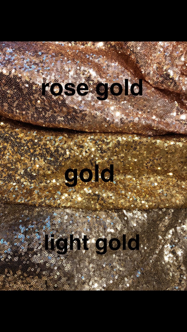 May include: Three swatches of sequined fabric in different shades of gold: rose gold, gold, and light gold.