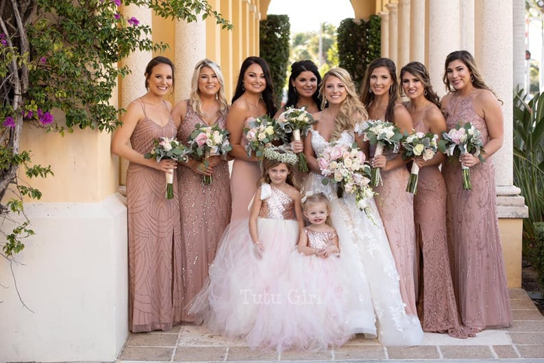 Pink Blush Flower Girl Dress with Pastel Pink and Ivory Tulle Sleeveless Style Rose Gold Sequin Tutu Dress