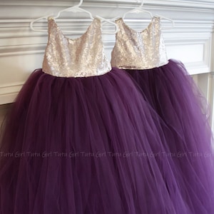 Purple Tulle Flower Girl Dress with Champagne Sequins, Plum Tutu Dress