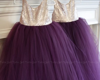 Purple Tulle Flower Girl Dress with Champagne Sequins, Plum Tutu Dress
