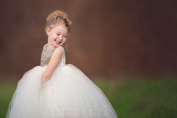 Vestido de Ni a Florista Dorado con Tul Blanco de Novia Etsy Espa a