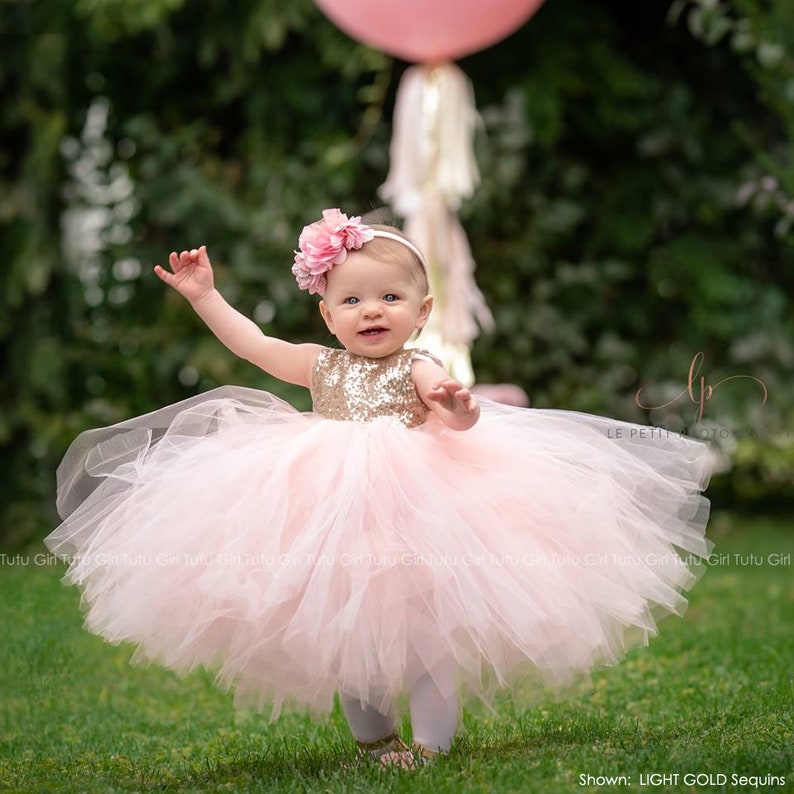 Rose Gold Sequins Pink Tulle A-line Flower Girl Dresses, PMF0008 main image 0