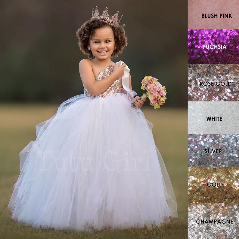 Sequin Blush Flower Girl Dress, White or Antique White Tulle 