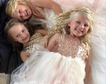 Vestido de niña de flores de lentejuelas de tul, vestido de tutú de niña de flores, vestido de rubor, bebé, niño pequeño, niñas, longitud del piso, estilo sin mangas personalizado