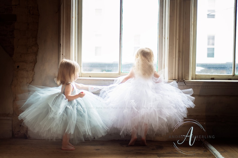 Peut inclure: Deux jeunes filles en robes de tulle se tiennent pr&egrave;s d'une fen&ecirc;tre. L'une porte une robe bleu clair et l'autre une robe blanche. Les filles regardent par la fen&ecirc;tre.