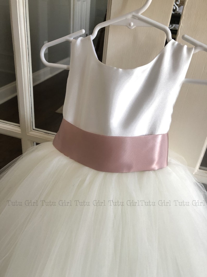 Bridal White Flower Girl Dress with Antique Mauve Sash, Mauve Flower Girl Dress , Off White and Rose Pink Birthday Tutu Dress All Sizes. Off-White (Lt Ivory)