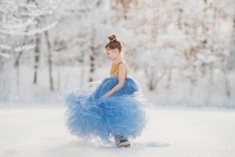 Abito da ragazza di fiori blu, abito tutu pervinca e oro, abito da ragazza di fiori in tulle, paillettes oro e gonna tutu dimensioni e colori personalizzati immagine 3