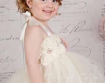 Bridal White Tutu Flower Girl Dress, Cream Colored Gown, Elegant Kids Bridal Dress, Birthday, Weddings, Photos