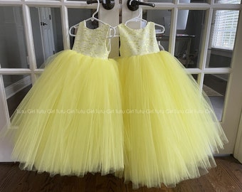 Yellow Flower Girl Dress, Lace Tulle Dress for Girls, Birthday Princess Gown, Tutu Girl Wedding Outfit for Toddlers Baby Kids - Sleeveless