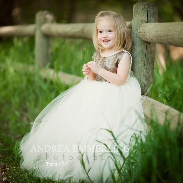 Light Gold Flower Girl Dress with Bridal White Tulle, Light Gold Sequin Tutu Dress, Sleeveless Style