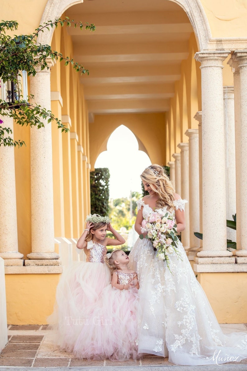 Pink Blush Flower Girl Dress with Pastel Pink and Ivory Tulle Sleeveless Style Rose Gold Sequin Tutu Dress