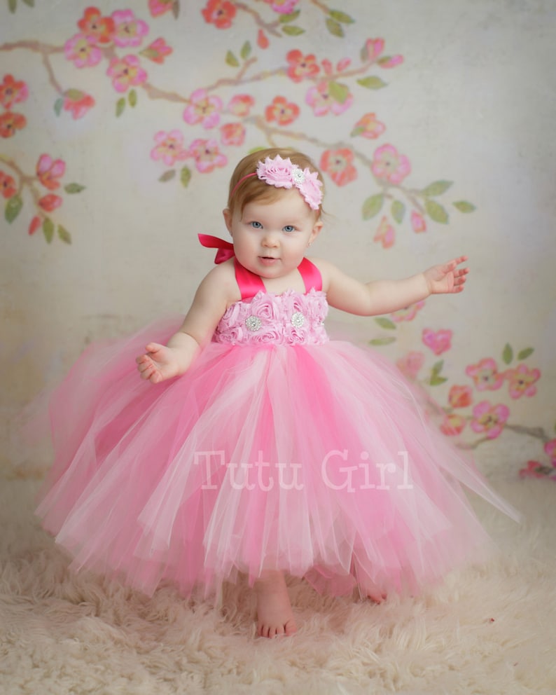 May include: A little girl wearing a pink tulle tutu dress with a pink flower headband. The dress has a pink satin ribbon and a pink and white flower embellishment. The background is a light pink and white floral pattern. The text "Tutu Girl" is visible on the dress.