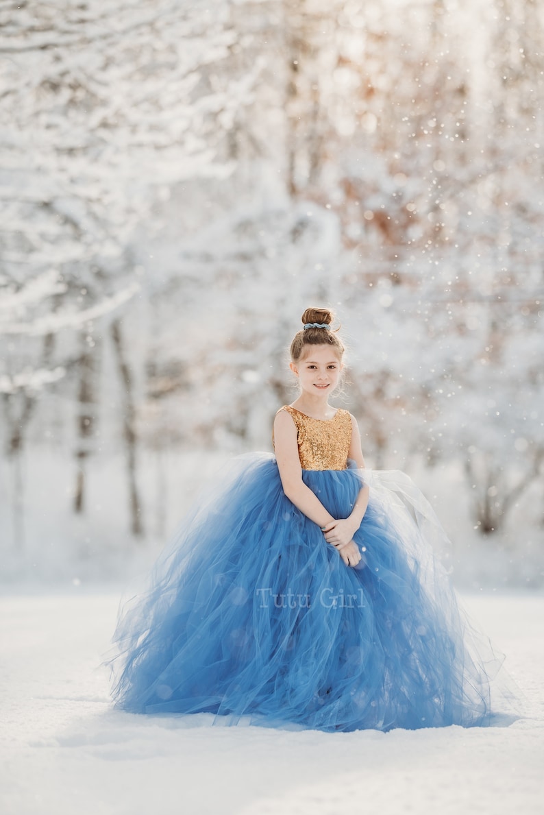 Abito da ragazza di fiori blu, abito tutu pervinca e oro, abito da ragazza di fiori in tulle, paillettes oro e gonna tutu dimensioni e colori personalizzati immagine 4