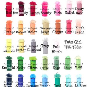May include: A chart of 30 different colors of tulle fabric, labeled with the color name. The tulle is arranged in rows of five, with each color displayed in a small, rolled-up bundle. The colors include white, ivory, off-white, brown, black, antique gold, red, burgundy, garnet, beauty, paris, ballet, dusty rose, orange, marigold, melon, champagne, beige, copper, coral, blush, lemon, butter, charcoal, gray, pale blush, emerald, kelly, citrus, olive, sage, lime, mint, navy, royal, turquoise, french, teal, aqua, light blue, eggplant, amethyst, purple, lavender, fuchsia, pansy, and wisteria.
