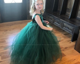 Hunter Green Flower Girl Dress Emerald Green, Forest Green Tutu Dress, Tulle Gown - Sleeveless Style