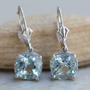 Square Cushion Aquamarine Earrings with Diamonds and Filigree Baskets, Lifetime Care Plan Included, Genuine Gems and Diamonds LS5296 image 1