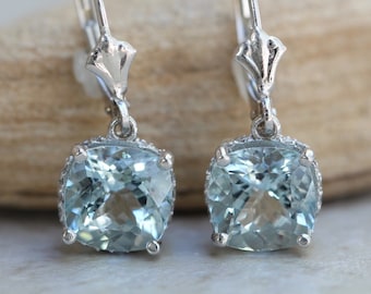 Aquamarine Earrings Square Cushion Cut with Genuine Diamonds LS5296