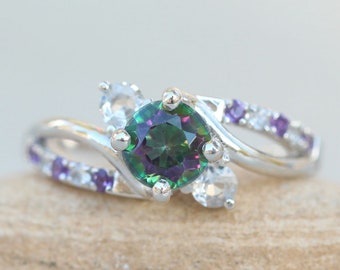 Mystic Topaz Ring with Sapphire Side Stones, Aquamarine, Amethyst Gems Lifetime Care Plan Included, Genuine Gems and Diamonds LS3103