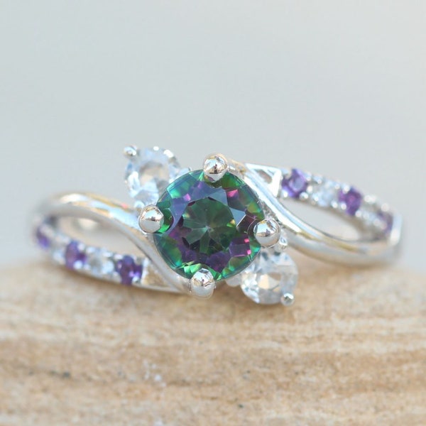 Mystic Topaz Ring with Sapphire Side Stones, Aquamarine, Amethyst Gems Lifetime Care Plan Included, Genuine Gems and Diamonds LS3103