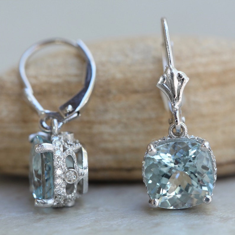 Square Cushion Aquamarine Earrings with Diamonds and Filigree Baskets, Lifetime Care Plan Included, Genuine Gems and Diamonds LS5296 image 3