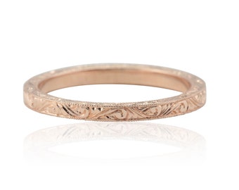 Hand Engraved Wedding Band - Engraved with Antique Scroll Motif and Milgrain - LS1813