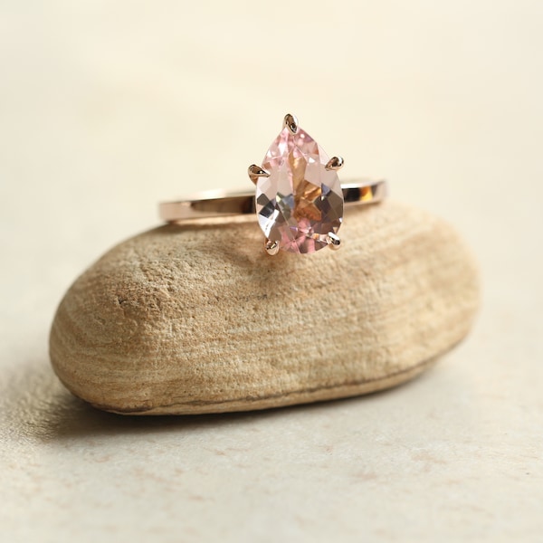 Genuine Pink Morganite Ring - Solitaire Engagement Ring with 12x8mm Pear Cut Morganite - by Laurie Sarah - LS5951