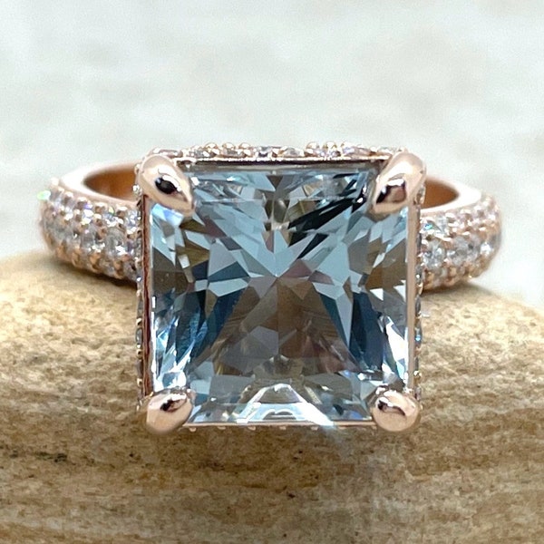 Princess Cut Aquamarine Engagement Ring with Diamond Filigree Basket, Lifetime Care Plan Included, Genuine Gems and Diamonds LS6397