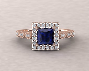 Vintage Princess Cut Ring, Genuine Sapphire, Cathedral Marquise Shank, Lifetime Care Plan Included, Genuine Gems and Diamonds LS5654