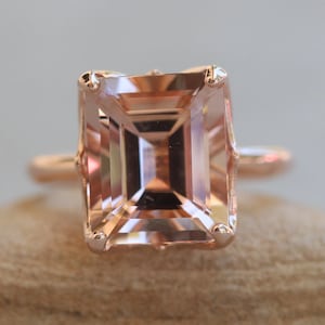 5 Carat Morganite Ring, Emerald Cut, with Handmade Golden Lily Petals, Lifetime Care Plan Included, Genuine Gems and Diamonds LS6099 image 1